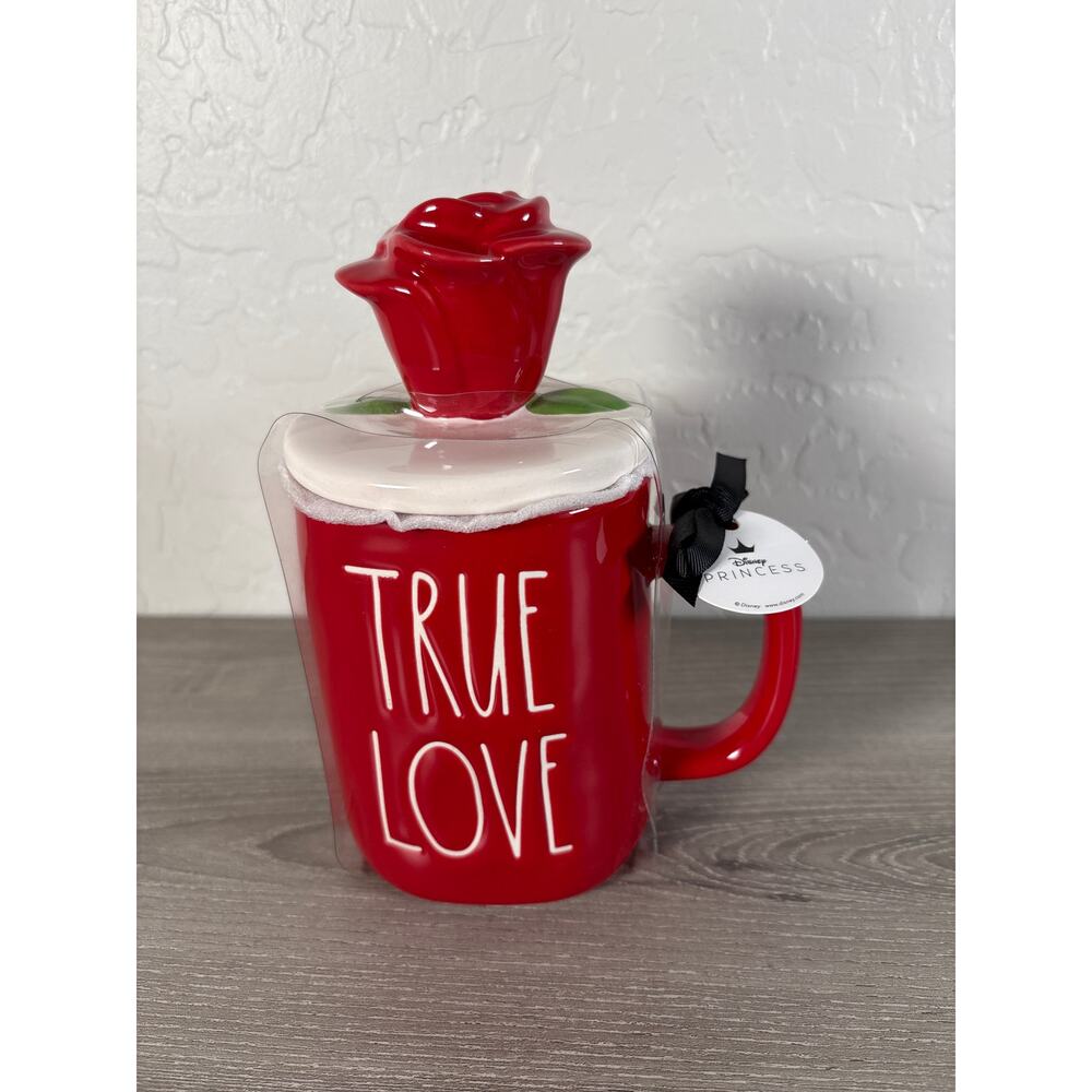 Rae Dunn Red TRUE LOVE Mug W/ Rose Topper Disney Princess Beauty & The Beast New